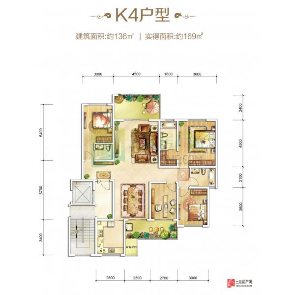 丽雅大院k4型 4室2厅3卫 136㎡ 户型-宜宾三江房产网